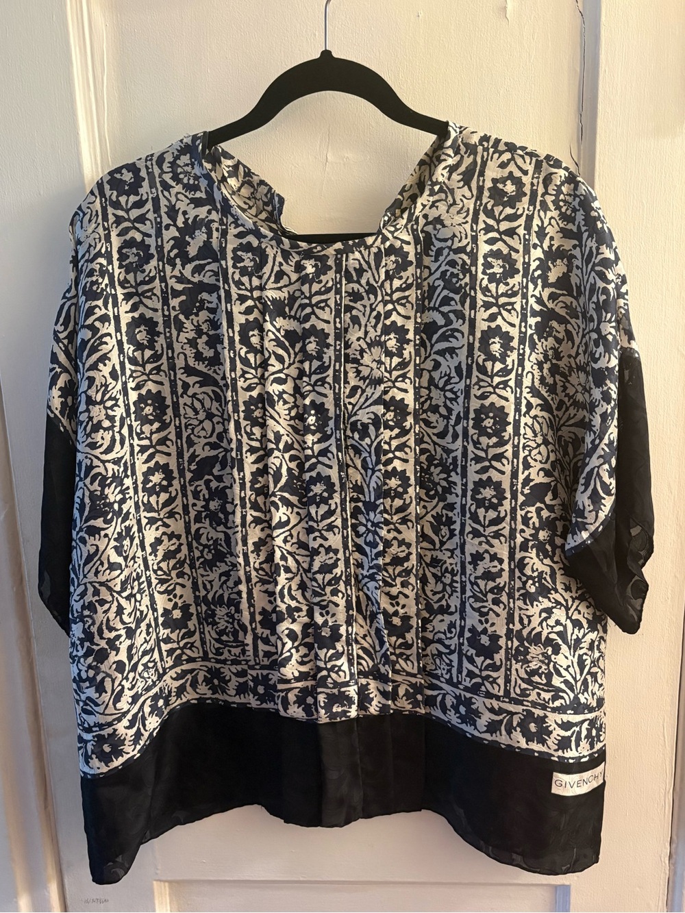Vintage Givenchy Navy & White Floral Print Silk-Blend Tunic Top